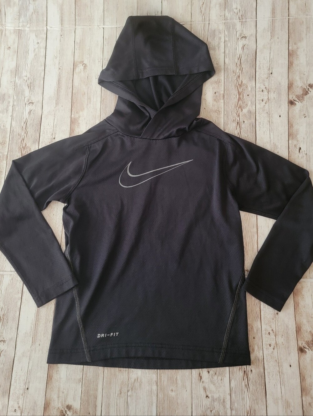 Nike Dri-Fit Boys Pullover Hooded Long Sleeve Shirt - Size Lrg (6-7 Yrs) Black